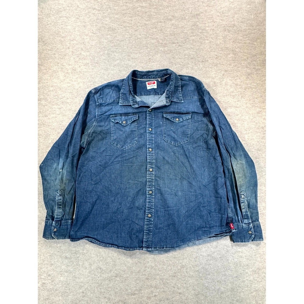 Wrangler Western Denim Snap Work Shirt Mens 3XL Blue Stretch Long Sleeve JSD4AWB